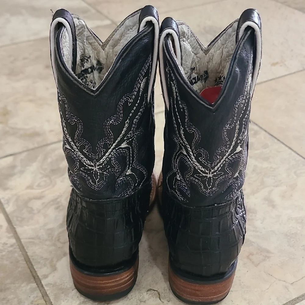 HERENCIA Kids Black Crocodile Boots with Brown Accents Very Soft Leather Inside